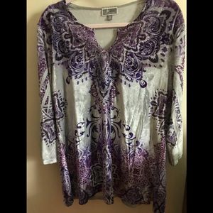 JM Collection faux Velvet Purple & Gray Blouse.